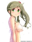  amazima_mangetu arm_at_side artist_name bare_arms bare_shoulders bikini_top blush breasts closed_mouth eyebrows_visible_through_hair fang_out from_side glint green_eyes green_hair hair_bobbles hair_ornament inuyama_aoi large_breasts long_hair looking_at_viewer looking_to_the_side shiny shiny_hair shirt side_ponytail simple_background smile solo strap_gap tareme thick_eyebrows upper_body water water_drop wet wet_hair white_background white_shirt yurucamp 