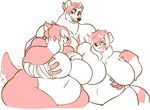  anthro bandage bear breast_fondling breasts canine featureless_breasts female fondling group hand_on_breast jintonic male male/female mammal monochrome muscular muscular_male nude obese overweight polar_bear red_panda smile standing 