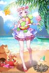  absurdres age_of_ishtaria artist_name beach blue_hair bracelet braid company_name copyright_name crab day flower hair_flower hair_ornament head_wreath highres jellyfish jewelry juras_mate_(age_of_ishtaria) kanola_u leaf multicolored_hair official_art pink_hair purple_eyes sand sandals sky solo sparkle star swimsuit teeth turtle twin_braids two-tone_hair water 