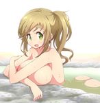  ass bent_over blush breasts commentary convenient_arm covering covering_breasts eyebrows fang green_eyes inuyama_aoi large_breasts mel_(melty_pot) nude onsen open_mouth ponytail solo thick_eyebrows water wet yurucamp 