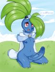  2018 anthro balls big_penis blue_skin bottomless clothed clothing flora_fauna hair leaf_hair male nintendo nipples not_furry oddish penis plant pok&eacute;mon pok&eacute;mon_(species) red_eyes shadowill speech_bubble text video_games 