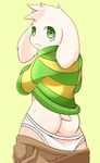  anthro asriel_dreemurr boss_monster bottomless bubble_butt butt caprine child clothed clothing cub fur green_eyes hoodie invalid_tag looking_back male mammal monster open_mouth sagemerric shorts solo undertale underwear undressing video_games young 