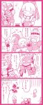  1girl 4koma 6+boys appron arm_canon border bow bowl capcom coldman comedy comic cutman elecman flameman frame gutsman hair_bow hair_ornament helmet japanese_text multiple_boys oilman rockman rockman_(classic) speech_bubble text translation_request valentine 