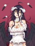  absurdres albedo arm_under_breasts black_hair black_wings breast_hold breasts cleavage demon_girl demon_horns demon_wings detached_collar dress falling_feathers feathered_wings feathers gloves hair_between_eyes hand_on_own_cheek highres hip_vent horns iku!_iku!! large_breasts long_hair looking_at_viewer low_wings overlord_(maruyama) slit_pupils smile solo white_dress white_gloves wings yellow_eyes 
