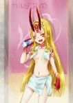  1girl blonde_hair bottle drinking eyes_closed fang fate/grand_order fate_(series) horns ibaraki_douji_(fate/grand_order) indoors long_hair milk monster_girl navel oni open_mouth pointy_ears small_breasts sweat tattoo towel yellow_eyes 