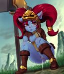  blacksmith_poppy blush fang fang_out highres league_of_legends pee peeing poppy pubic_hair puddle pussy red_eyes red_hair solo squatting uliel uncensored 