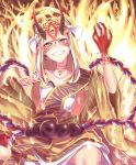  1girl bare_shoulders blonde_hair claws earrings fate/grand_order fate_(series) female fire grin horns ibaraki_douji_(fate/grand_order) jewelry kimono long_hair looking_at_viewer newton off_shoulder oni oni_horns short_kimono smile solo wafuku yellow_eyes yellow_kimono 