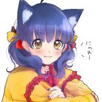  ahoge animal_ears bad_id bad_pixiv_id blue_hair blush bow cat_ears close-up ears extra_ears eyebrows_visible_through_hair frills gradient_eyes hair_bow hair_ornament highres looking_at_viewer medium_hair multicolored multicolored_eyes nail_polish original shirt short_twintails simple_background smile solo translation_request twintails upper_body vanilla_(miotanntann) white_background yellow_eyes yellow_shirt 