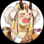  1girl blonde_hair chibi crying dungeon_meshi eyes_closed fate/grand_order fate_(series) horns ibaraki_douji_(fate/grand_order) japanese_clothes kimono monster_girl oni open_mouth simple_background tattoo white_background yellow_eyes 