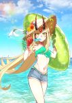  1girl beach blonde_hair eating fate/grand_order fate_(series) flower hat horns ibaraki_douji_(fate/grand_order) ice_cream legs looking_at_viewer monster_girl navel oni pointy_ears slit_pupils sun swimsuit tagme tattoo water yellow_eyes 