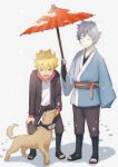  absurdres blonde_hair blue_eyes boruto:_naruto_next_generations boruto:_naruto_the_movie closed_eyes commentary_request dog forehead_protector full_body grey_hair highres holding holding_umbrella komedai male_focus mitsuki_(naruto) multiple_boys naruto_(series) shared_umbrella smile snow umbrella uzumaki_boruto 