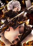  absurdres ass back_cutout black_dress black_hairband blindfold boots covered_eyes dress feather-trimmed_sleeves hairband high_heel_boots high_heels highres holding holding_sword holding_weapon invidiata juliet_sleeves leotard long_sleeves mole mole_under_mouth nier_(series) nier_automata pod_(nier_automata) puffy_sleeves sword thighhighs_under_boots thighs vambraces weapon white_hair white_leotard yorha_no._2_type_b 