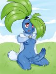  2018 anthro balls big_penis blue_skin bottomless breasts clothed clothing dickgirl flora_fauna intersex leaf_hair nintendo nipples not_furry oddish penis plant pok&eacute;mon pok&eacute;mon_(species) red_eyes shadowill video_games 