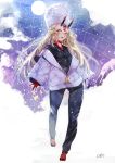  1girl blonde_hair fate/grand_order fate_(series) hat horns ibaraki_douji_(fate/grand_order) jacket long_hair looking_at_viewer monster_girl moon oni russian_hat sky snow tagme tattoo winter winter_clothes winter_outfit yellow_eyes 