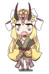  1girl blonde_hair chibi fang fate/grand_order fate_(series) horns ibaraki_douji_(fate/grand_order) japanese_clothes kimono monster_girl oni open_mouth simple_background tattoo white_background yellow_eyes 
