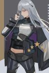  ak-12_(girls_frontline) cape cowboy_shot girls_frontline grey_eyes grey_hair hand_up legs_apart light_smile long_hair long_sleeves looking_away looking_to_the_side multicolored multicolored_cape multicolored_clothes pants pouch reido_(reido_c) sketch solo star 