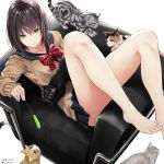  barefoot black_hair cat cat_day cat_teaser dated dutch_angle feet full_body green_eyes hair_ornament hairclip legs looking_at_viewer nabeshima_tetsuhiro original reclining ribbon short_hair skirt twitter_username uniform white_background 