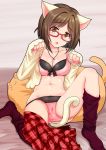 animal_ears bangs bed bed_sheet blush bow bow_bra bow_panties bra breasts brown_hair cameltoe cat_ears cat_tail cleavage collarbone eyebrows_visible_through_hair fang feet_out_of_frame glasses green_eyes head_tilt idolmaster idolmaster_cinderella_girls jewelry knee_up looking_at_viewer lying maekawa_miku medium_breasts momoda_yasuhito navel necklace on_back open_clothes panties paw_pose pink_bra pink_panties plaid plaid_skirt pleated_skirt purple_legwear reclining red-framed_eyewear red_skirt short_hair skirt skirt_around_one_leg sleeves_past_wrists tail thighhighs thighhighs_pull underwear 