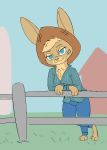  2018 anthro barefoot blue_eyes chest_tuft clothed clothing crossed_arms disney female fence grass hat lagomorph mammal outside rabbit solo tggeko tuft zootopia 