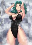  armpits bishoujo_senshi_sailor_moon black_swimsuit blush breasts cameltoe cleavage collarbone covered_navel covered_nipples giovanni_zaccaria green_eyes green_hair highres kaiou_michiru large_breasts one_eye_closed sailor_neptune showering solo swimsuit swimwear 
