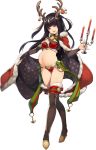  1girl animal_ears bangs bell_collar black_nails bow breasts candle cape chandelier christmas edited fire_emblem fire_emblem_heroes full_body fur_trim gift green_bow hime_cut long_hair looking_at_viewer medium_breasts midriff mistletoe photoshop pregnant red_cape reindeer_antlers smile solo standing tharja thigh_boots thighhighs two_side_up washimoto_(artist) 