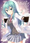  :p absurdres bad_id bad_pixiv_id beaker blue_hair blush breasts coffee commentary_request green_eyes highres labcoat large_breasts long_hair one_side_up plaid plaid_skirt riddle_joker shikibu_mayu skirt smile solo tongue tongue_out wakuta_chisaki yuzu-soft 