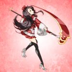  black_hair black_legwear dress fingerless_gloves floating_hair flower from_side full_body gloves hair_flower hair_ornament high_heels highres holding holding_weapon koori_chikage long_hair looking_at_viewer nogi_wakaba_wa_yuusha_de_aru open_mouth red_background red_dress red_eyes red_flower red_gloves sakuria scythe short_dress solo thighhighs very_long_hair weapon white_footwear yuusha_de_aru 