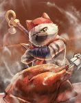  cat cat_focus chicken_(food) closed_mouth commentary_request crossed_arms felyne food fur hat highres jingle_bell kuroi_susumu looking_at_viewer meowscular_chef monster_hunter monster_hunter:_world no_humans one_eye_closed scar scar_across_eye scarf solo standing steam upper_body weapon weapon_on_back yellow_eyes 