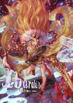  1girl bare_shoulders barefoot blonde_hair character_name claws fate/grand_order fate_(series) feet female fgo_iracon floral_print flower full_body high_resolution holding_sword holding_weapon horns ibaraki_douji_(fate/grand_order) kimono long_hair looking_at_viewer off_shoulder oni oni_horns short_kimono solo sword wafuku weapon wide_sleeves yaluokejiaer yellow_eyes yellow_kimono 