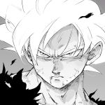  black_shirt dirty dirty_face dragon_ball dragon_ball_super expressionless frown grey_background greyscale hair_strand highres male_focus monochrome serious shirt simple_background solo son_gokuu spiked_hair tkgsize ultra_instinct 
