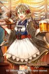  age_of_ishtaria alcohol apron beer beer_mug boots bow brown_hair company_name copyright_name cup food green_eyes holding holding_cup maid maid_apron maid_headdress naru_(andante) official_art open_mouth shuma_(age_of_ishtaria) solo 