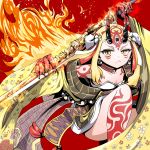  1girl blonde_hair claws fang fate/grand_order fate_(series) fire flame flower_pattern horns ibaraki_douji_(fate/grand_order) japanese_clothes kimono lance monster_girl oni tattoo weapon yellow_eyes 