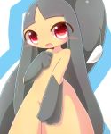  black_hair blue_background blush female hair kaceuth looking_at_viewer mawile nintendo nude open_mouth pok&eacute;mon pok&eacute;mon_(species) red_eyes simple_background solo standing video_games 