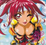  90s bloodberry breasts cleavage covered_nipples earrings fangs gloves headband jewelry kotobuki_tsukasa large_breasts leaning_forward lipstick long_hair looking_at_viewer lowres makeup non-web_source official_art one_eye_closed open_mouth red_eyes red_hair saber_marionette_j solo 
