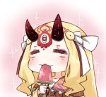  1girl blonde_hair chibi eating eyes_closed fate/grand_order fate_(series) fruit happy horns ibaraki_douji_(fate/grand_order) monster_girl oni tattoo watermelon yellow_eyes 