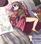  ahoge bag bare_legs barefoot blanket bowl collarbone commentary crotch eyebrows_visible_through_hair food highres holding holding_food japanese_clothes kimono long_sleeves lying manga_(object) minigirl no_panties obi on_back parted_lips partially_visible_vulva pillow purple_hair reading red_eyes red_kimono sash shope short_hair solo spread_legs sukuna_shinmyoumaru tatami touhou translated wide_sleeves 