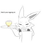  bow_tie canine clothing cup eeveelution eggnog english_text fluffy fur glass jetta_the_jolteon jolteon male mammal miau nintendo platter pok&eacute;mon pok&eacute;mon_(species) simple_background solo text vest video_games waiter white_background 