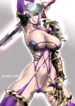  aqua_eyes arm_up armor armpits breasts cleavage detached_sleeves gauntlets highres holding holding_sword holding_weapon huge_breasts isabella_valentine lace lipstick makeup purple_legwear revealing_clothes short_hair shoulder_armor shoulder_guard shoulder_pads single_gauntlet skindentation skull soulcalibur soulcalibur_vi sword sword_behind_back thighs weapon whip whip_sword white_hair yuri_ai 