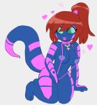  &lt;3 alien blue_nipples blue_skin blue_tail collar female full-length_portrait green_eyes hair hand_on_thigh humanoid kassidy_(medrifogmatio) kneeling nipples noseless pink_lips ponytail portrait red_hair simple_background solo stripes stylusknight white_background 