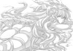  ass bodysuit curly_hair from_behind granblue_fantasy greyscale highres long_hair looking_at_viewer lying medusa_(shingeki_no_bahamut) monochrome on_stomach scowl shingeki_no_bahamut simple_background solo tail toriudonda very_long_hair 