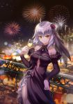  absurdres against_railing ahoge alcohol bangs bare_shoulders black_dress blurry blurry_background blush bokeh breasts chain champagne cityscape cowboy_shot depth_of_field detached_sleeves dress earrings eyebrows_visible_through_hair fate/grand_order fate_(series) fireworks flower fur_trim glass hair_flower hair_ornament halter_dress highres holding jeanne_d'arc_(alter)_(fate) jeanne_d'arc_(fate)_(all) jewelry large_breasts leaning_on_object lens_flare light_particles looking_at_viewer night nokmal shiny shiny_hair shiny_skin short_hair side_slit sidelocks smile solo standing thighs veil white_hair yellow_eyes 