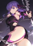  ass bangs bare_shoulders black_dress breasts chain commentary_request cosplay covered_nipples detached_sleeves dress fate/stay_night fate_(series) garter_straps hair_ribbon haoni long_hair matou_sakura medium_breasts nameless_dagger purple_eyes purple_hair ribbon rider rider_(cosplay) side_ribbon sketch solo thighhighs weapon 