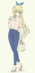  bag bare_shoulders blonde_hair blue_eyes breasts casual collarbone commentary denim fashion full_body handbag high_heels highres jeans jewelry long_hair medium_breasts mirai_akari mirai_akari_project off_shoulder open_mouth pants pas_(paxiti) pendant sandals side_ponytail virtual_youtuber watch wristwatch 