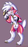  2017 3_fingers 3_toes anthro bdsm black_nose bulge canine claws clothed clothing costume digital_drawing_(artwork) digital_media_(artwork) exavier fursuit lock lycanroc male mammal midnight_lycanroc nintendo nviom pok&eacute;mon pok&eacute;mon_(species) red_eyes simple_background smile solo standing toes video_games zipper 