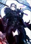  ahoge armor bangs black_border black_legwear border breastplate cape chain commentary_request cowboy_shot fate/grand_order fate_(series) fur_trim gauntlets gorget grin holding holding_sword holding_weapon jeanne_d'arc_(alter)_(fate) jeanne_d'arc_(fate)_(all) kei-suwabe limited_palette looking_at_viewer over_shoulder pale_skin parted_lips short_hair silver_hair simple_background smile solo standing sword thighhighs twitter_username weapon weapon_over_shoulder white_background yellow_eyes 