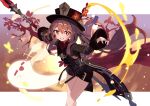  1girl bangs black_coat black_headwear black_shorts blush branch breasts brown_hair bug butterfly coat coattails flower genshin_impact ghost grin hajime_(hajime-ill-1st) hat hat_flower highres hu_tao_(genshin_impact) long_hair long_sleeves looking_at_viewer plum_blossoms red_eyes shorts small_breasts smile staff_of_homa_(genshin_impact) symbol-shaped_pupils thighs twintails very_long_hair 