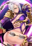  aqua_eyes ass breasts butcha-u detached_sleeves gradient gradient_background highres isabella_valentine large_breasts looking_at_viewer parted_lips pink_lips purple_background revealing_clothes short_hair shoulder_guard signature skindentation solo soulcalibur thighhighs thighs whip_sword white_hair 