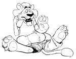  2011 4_fingers 4_toes anthro black_and_white claws clothed clothing digital_drawing_(artwork) digital_media_(artwork) feet feline hindpaw lion male mammal monochrome open_mouth pawpads paws simple_background solo swatcher toes transformation white_background 