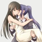  bangs bare_shoulders black_hair blush brown_hair carrying cheek_kiss commentary_request dress formal green_eyes grey_background holding ken_(kenta1922) kiss kurosawa_dia long_hair long_sleeves love_live! love_live!_sunshine!! matsuura_kanan mole mole_under_mouth multiple_girls necktie pant_suit princess_carry purple_hair sad suit sundress white_dress yuri 