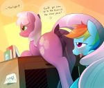  2017 ambiguous_gender anatomically_correct anatomically_correct_pussy animal_genitalia animal_pussy anus b-epon blush book braddo butt cheerilee_(mlp) cutie_mark dialogue digital_media_(artwork) dock duo earth_pony english_text equine equine_pussy female female/female feral friendship_is_magic green_eyes hair horse mammal multicolored_hair my_little_pony pony pussy rainbow_dash_(mlp) rainbow_hair smile text tongue tongue_out two_tone_hair 